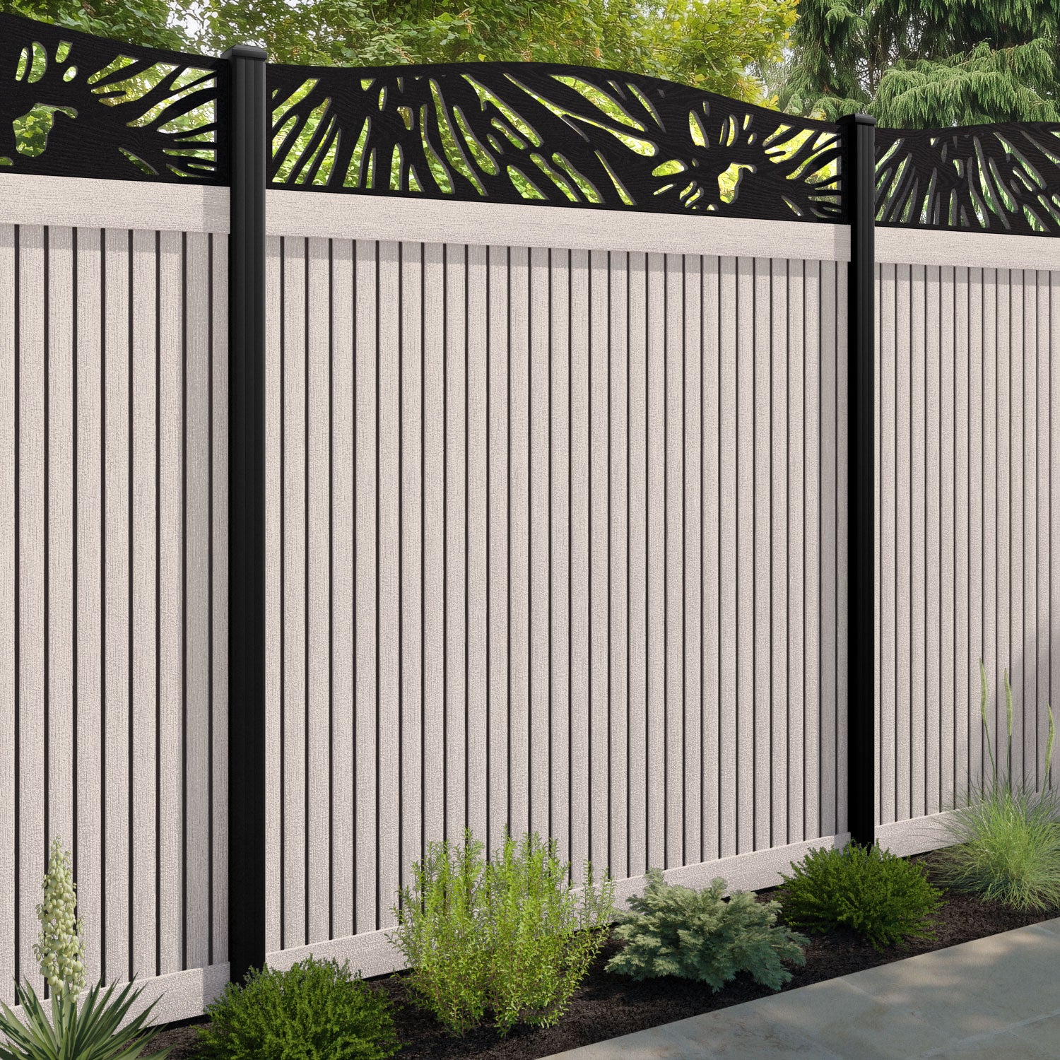Virtis Poppy Curved Top Fence Panel - Mid Stone - with our aluminium posts