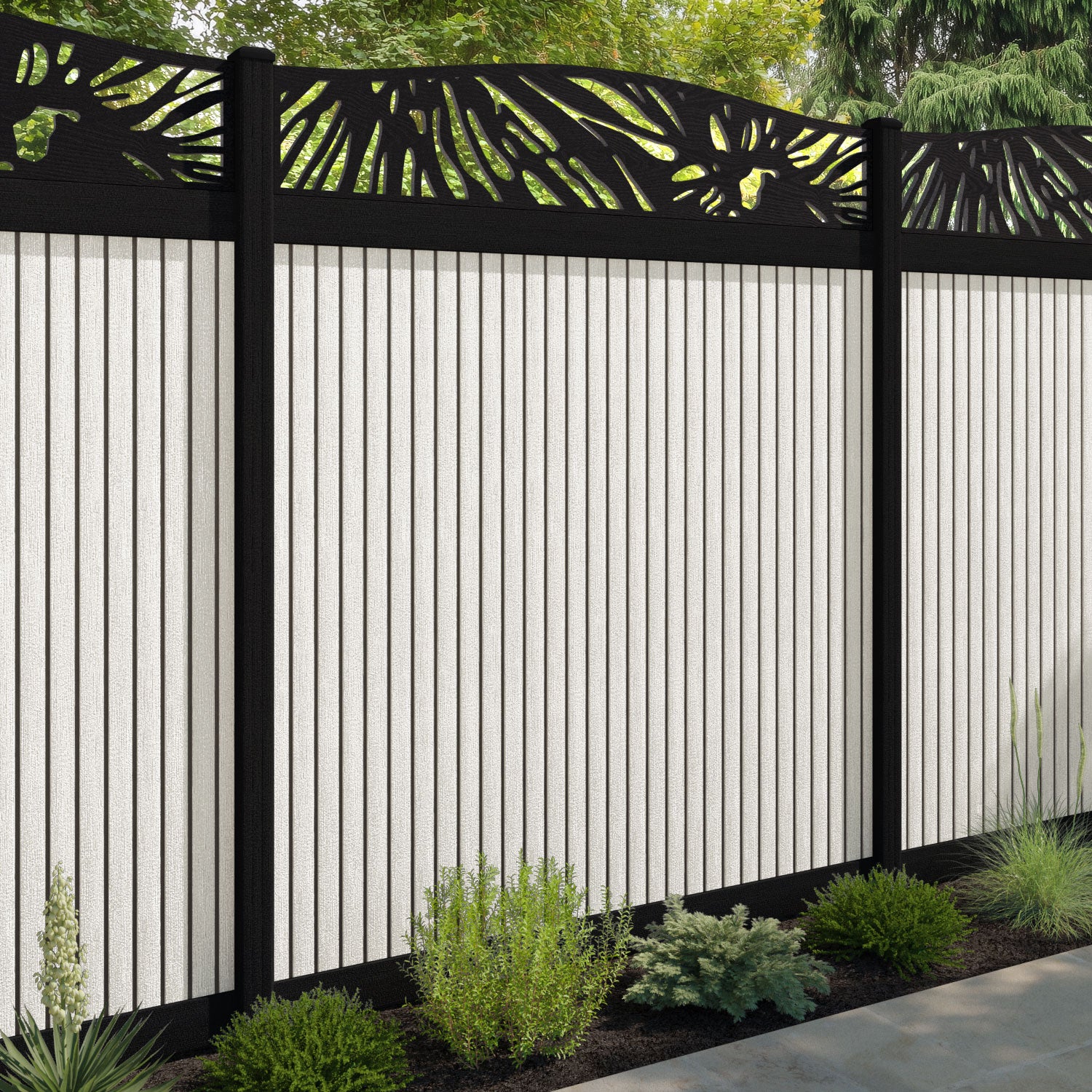 Virtis Poppy Curved Top Fence Panel - Light Stone - with our composite posts