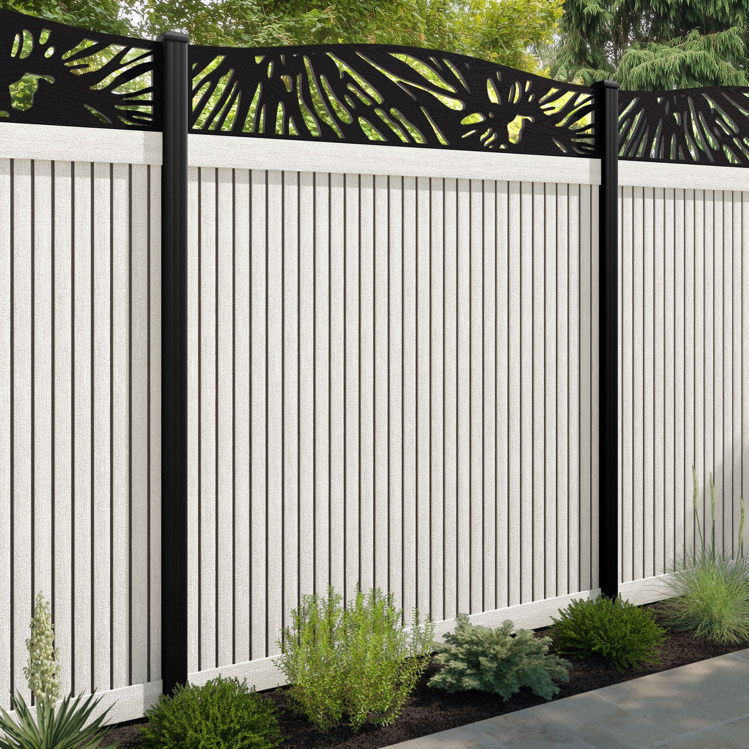Virtis Poppy Curved Top Fence Panel - Light Stone - with our composite posts
