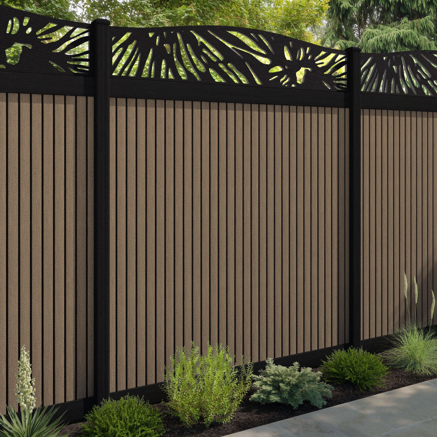Virtis Poppy Curved Top Fence Panel - Teak - with our aluminium posts