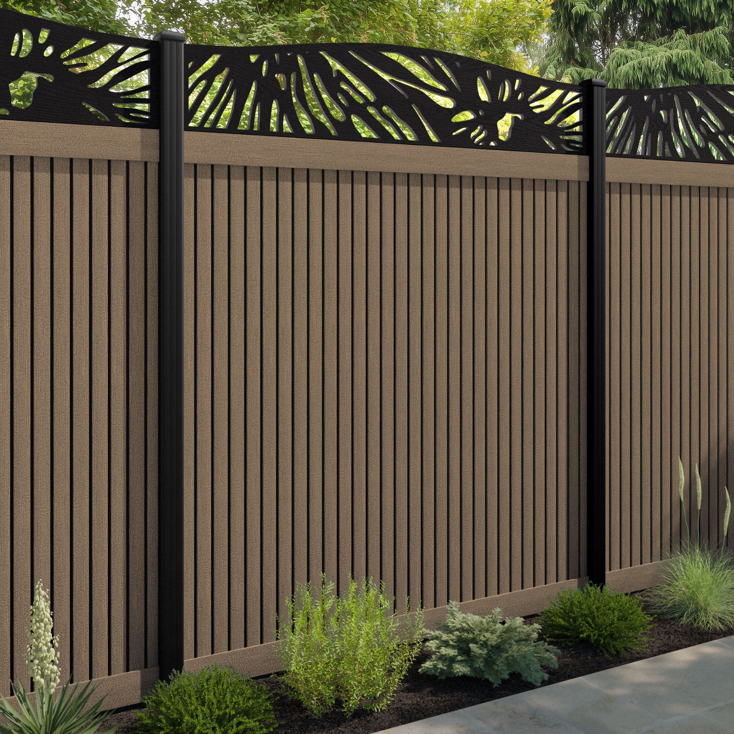 Virtis Poppy Curved Top Fence Panel - Teak - with our composite posts
