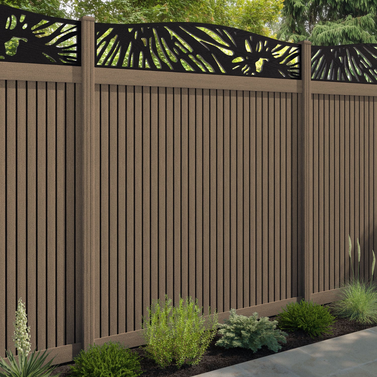 Virtis Poppy Curved Top Fence Panel - Teak - with our composite posts