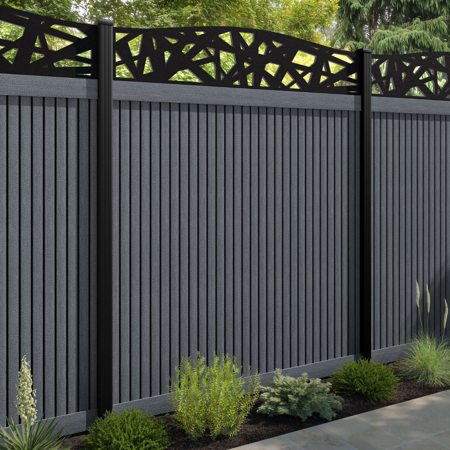 Virtis Prism Curved Top Fence Panel - Anthracite - with our aluminium posts