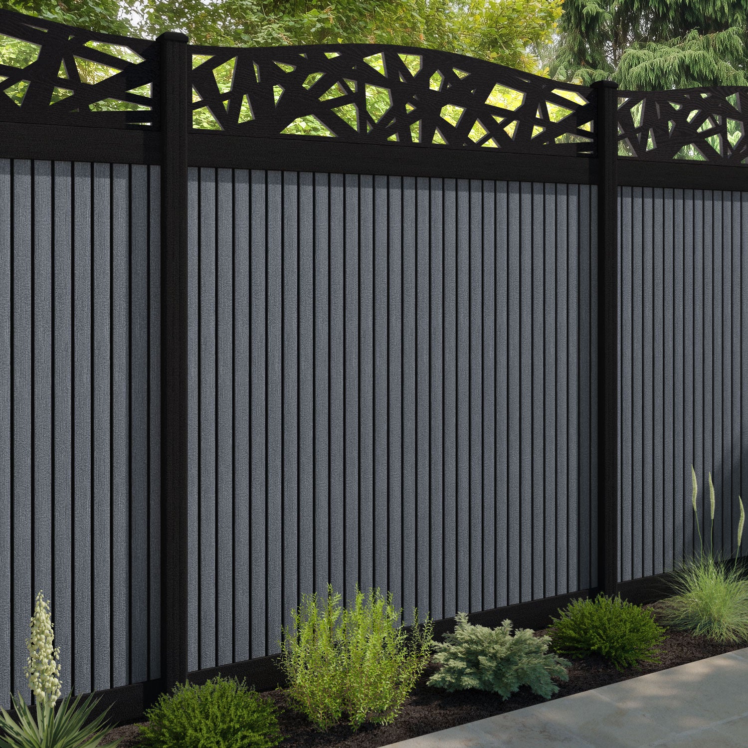 Virtis Prism Curved Top Fence Panel - Anthracite - with our composite posts