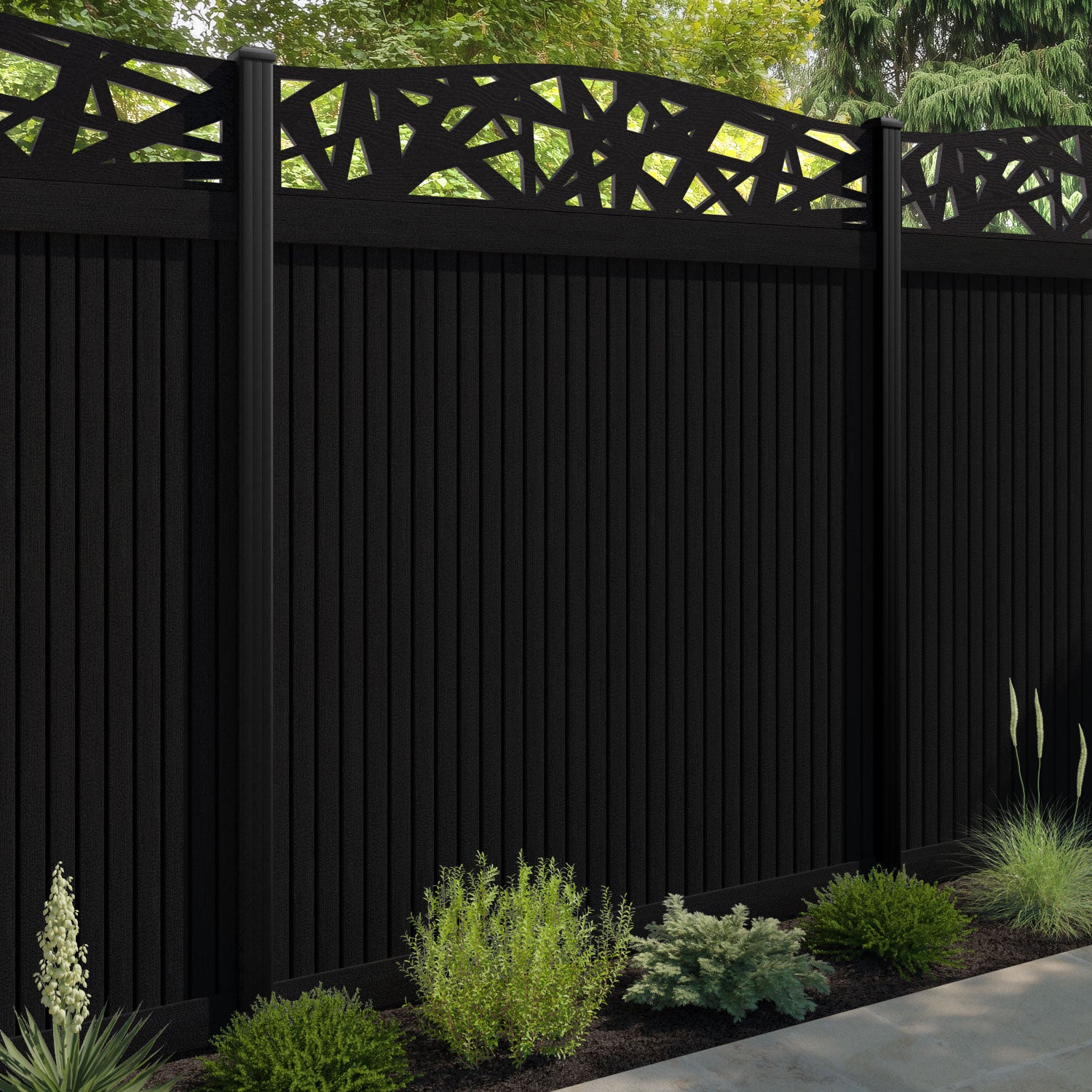 Virtis Prism Curved Top Fence Panel - Black - with our aluminium posts