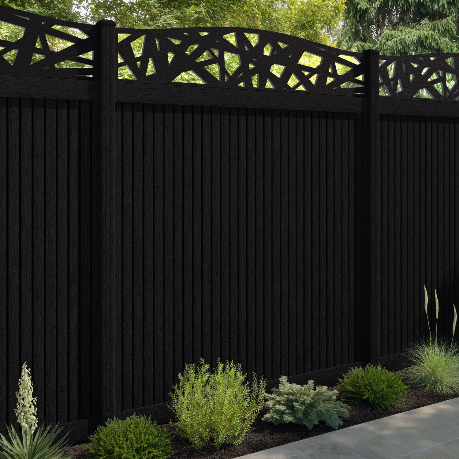 Virtis Prism Curved Top Fence Panel - Black - with our composite posts
