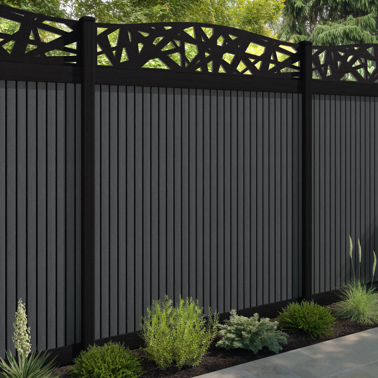 Virtis Prism Curved Top Fence Panel - Dark Grey - with our composite posts