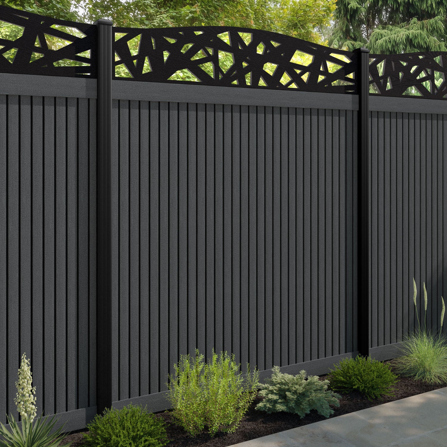 Virtis Prism Curved Top Fence Panel - Dark Grey - with our composite posts