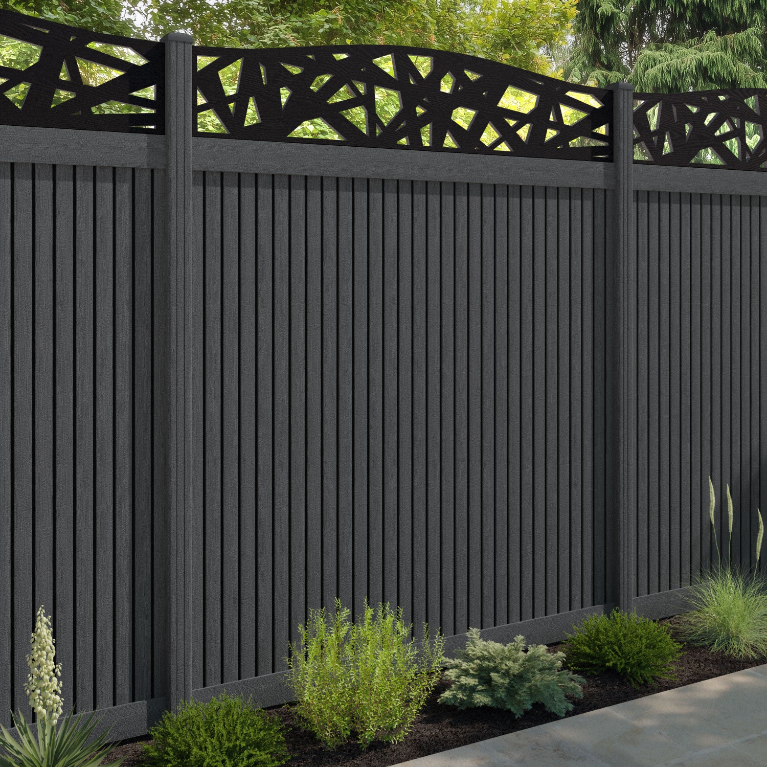 Virtis Prism Curved Top Fence Panel - Dark Grey - with our composite posts
