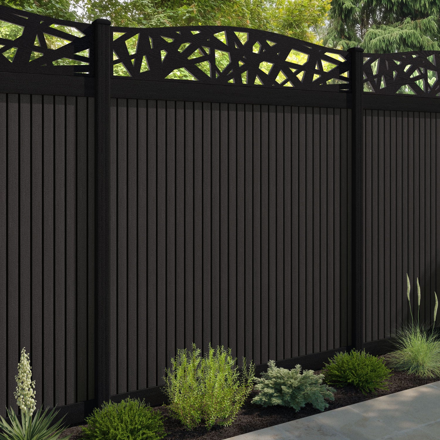 Virtis Prism Curved Top Fence Panel - Dark Oak - with our composite posts