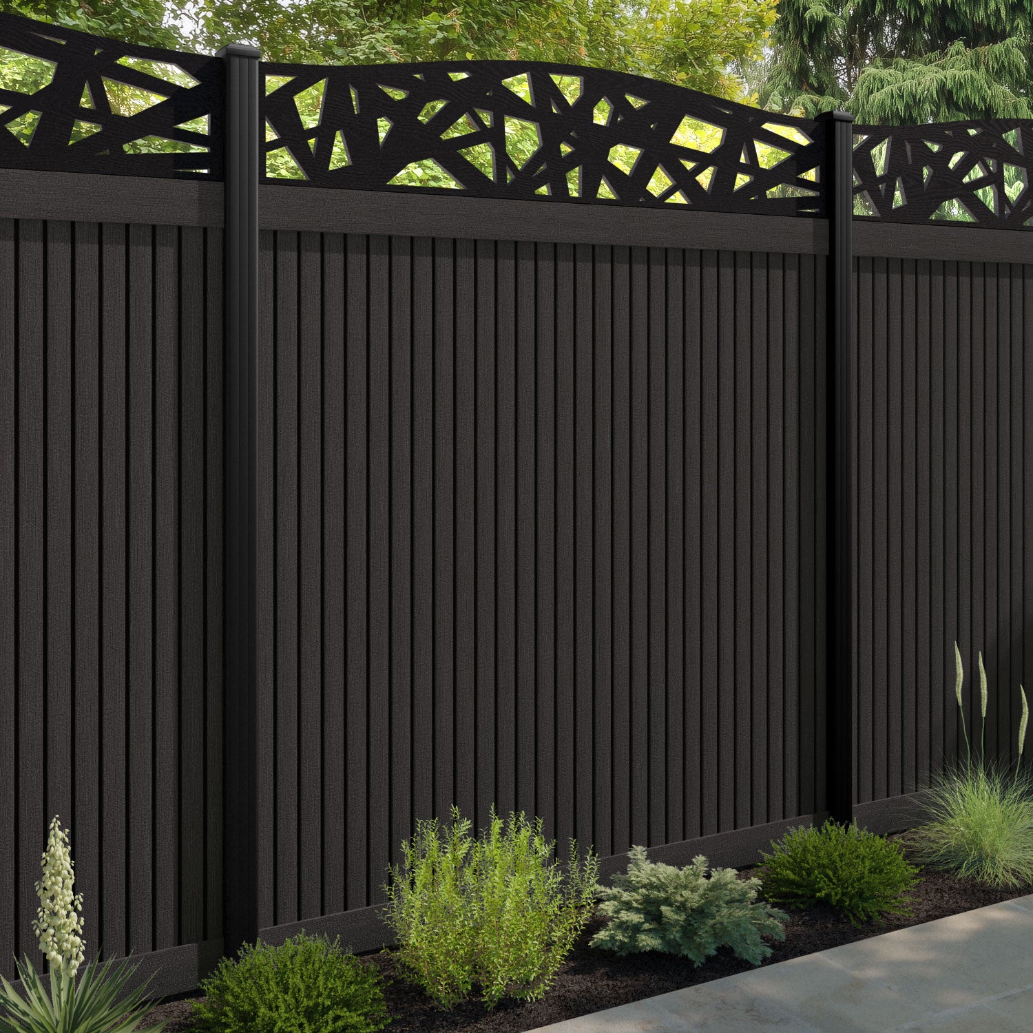 Virtis Prism Curved Top Fence Panel - Dark Oak - with our composite posts