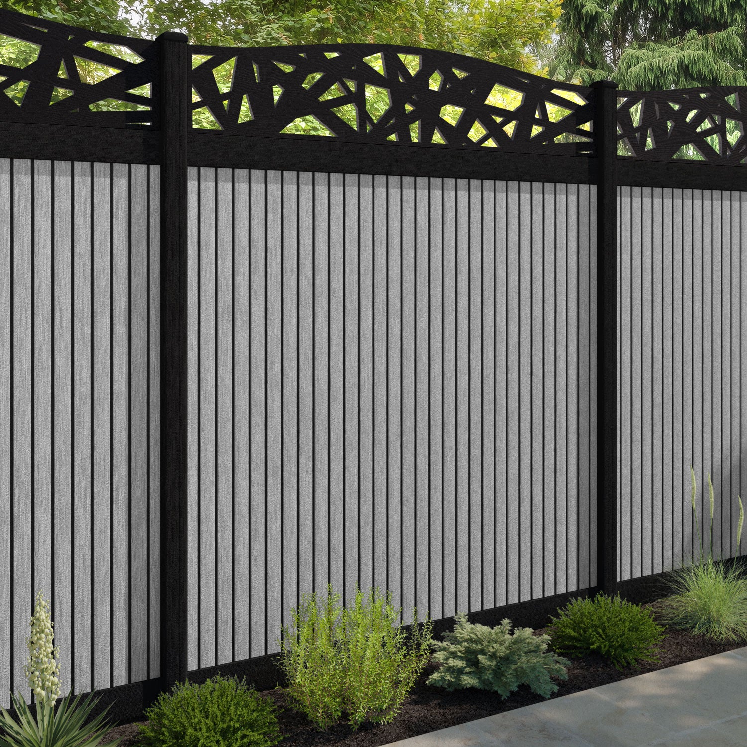 Virtis Prism Curved Top Fence Panel - Light Grey - with our composite posts