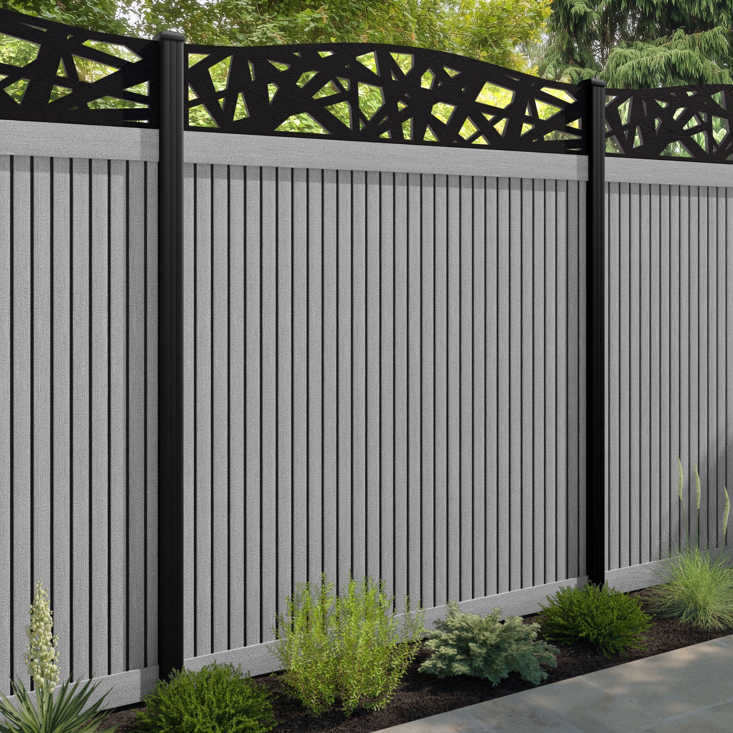 Virtis Prism Curved Top Fence Panel - Light Grey - with our composite posts