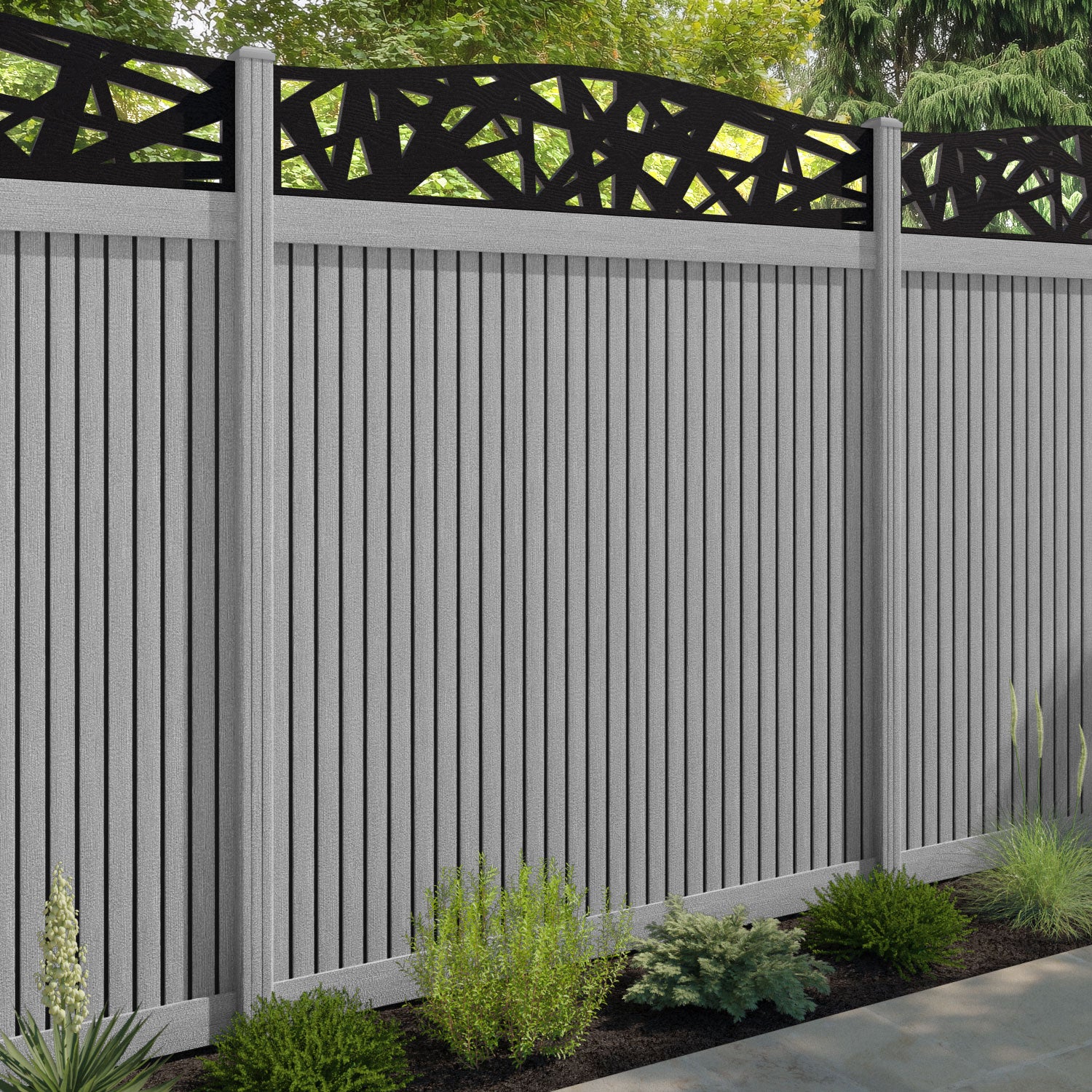 Virtis Prism Curved Top Fence Panel - Light Grey - with our composite posts