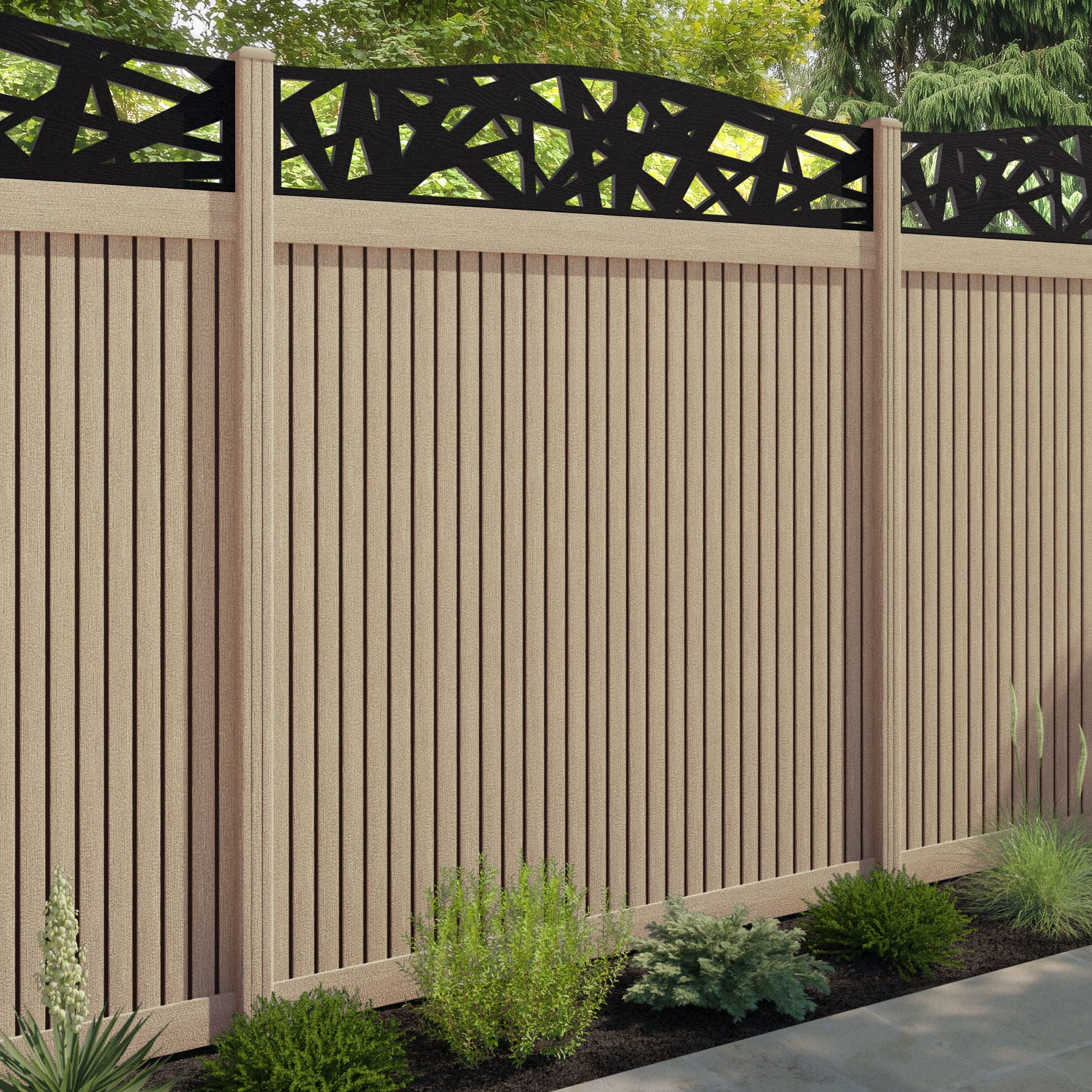 Virtis Prism Curved Top Fence Panel - Light Oak - with our composite posts