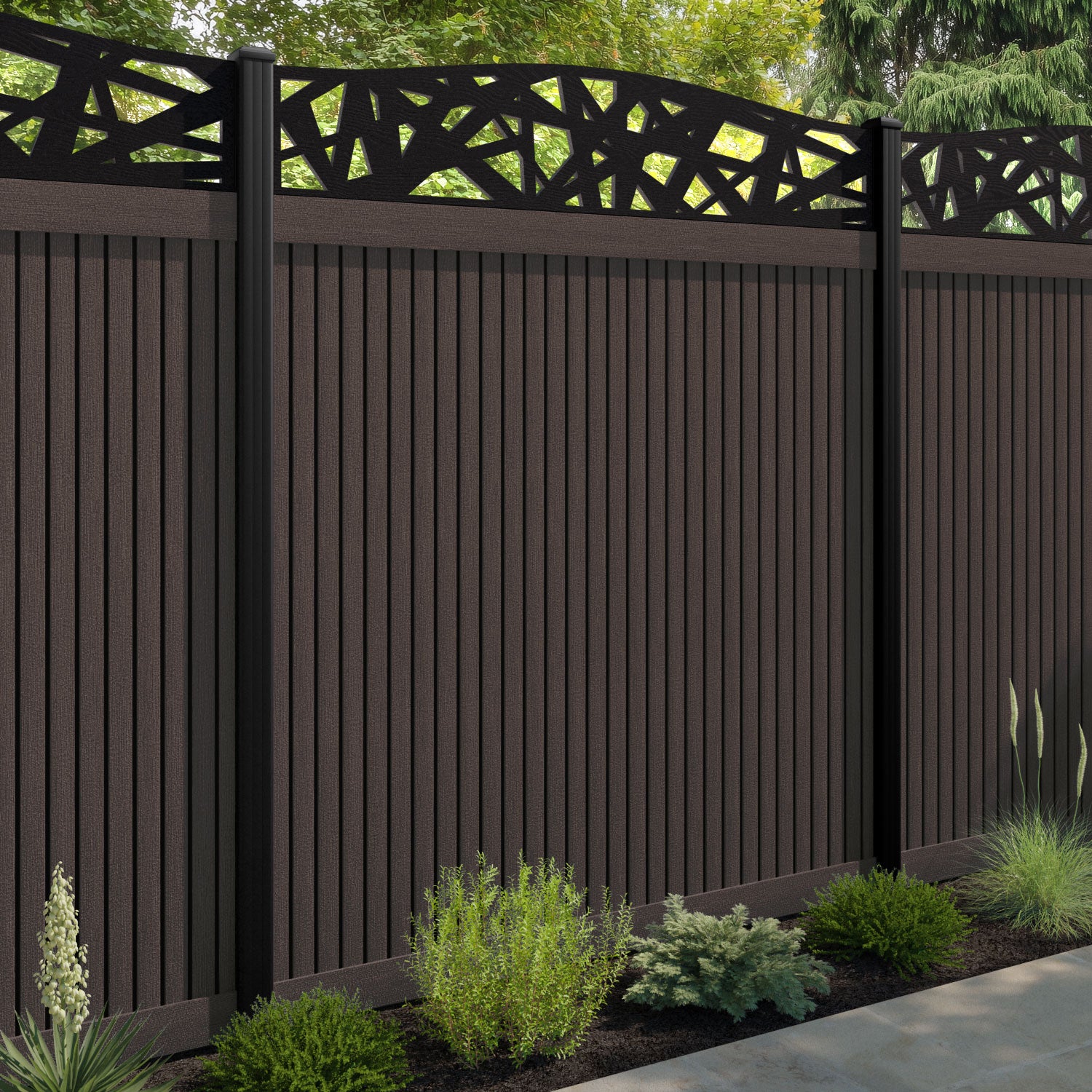 Virtis Prism Curved Top Fence Panel - Mid Brown - with our aluminium posts