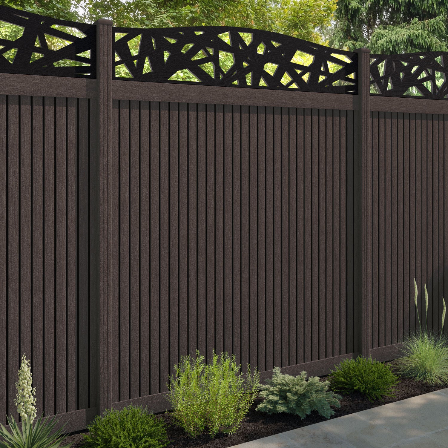 Virtis Prism Curved Top Fence Panel - Mid Brown - with our composite posts