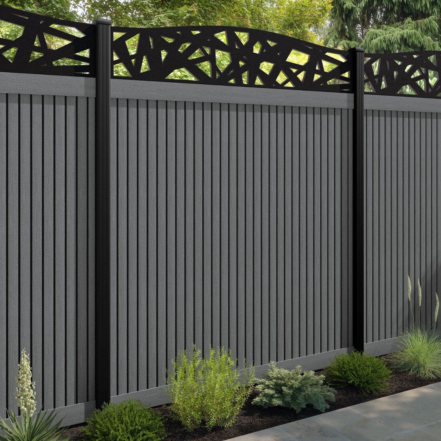 Virtis Prism Curved Top Fence Panel - Mid Grey - with our aluminium posts