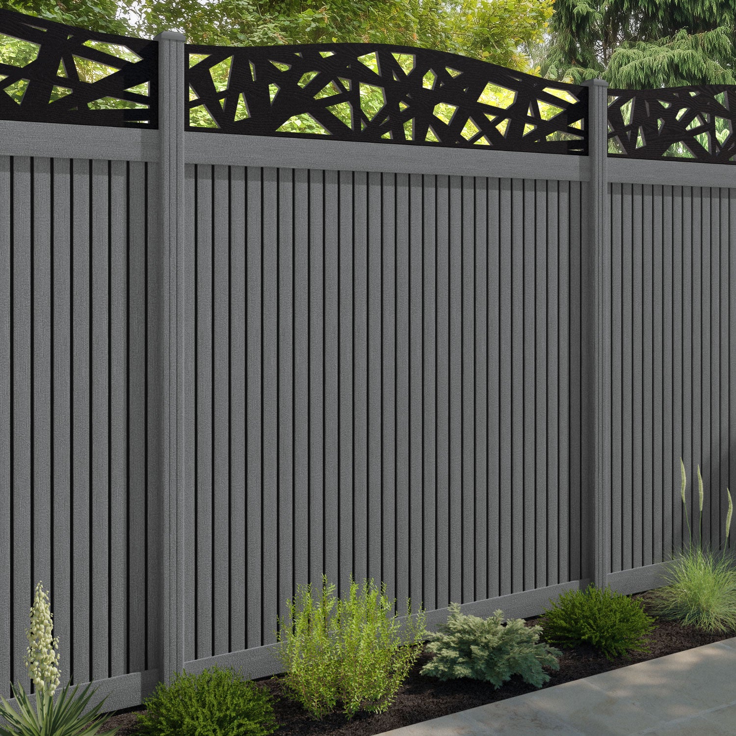 Virtis Prism Curved Top Fence Panel - Mid Grey - with our composite posts