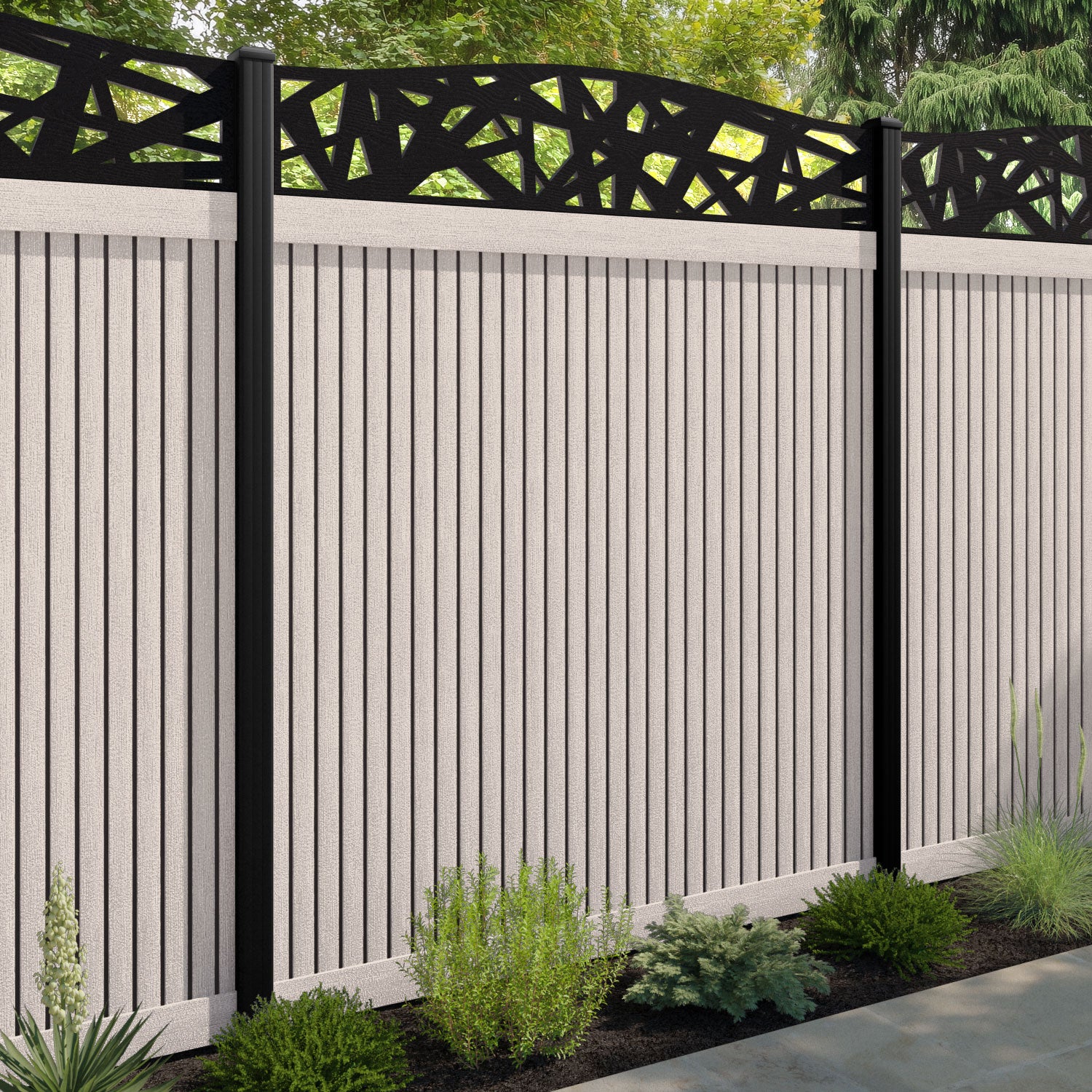 Virtis Prism Curved Top Fence Panel - Mid Stone - with our composite posts