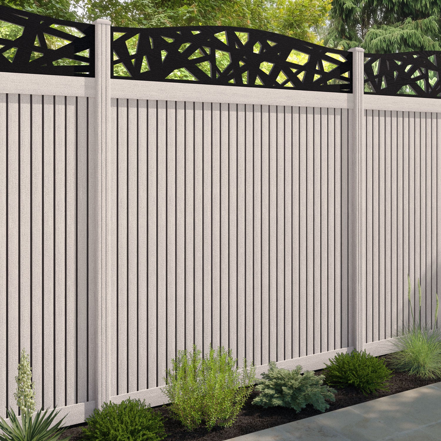 Virtis Prism Curved Top Fence Panel - Mid Stone - with our composite posts