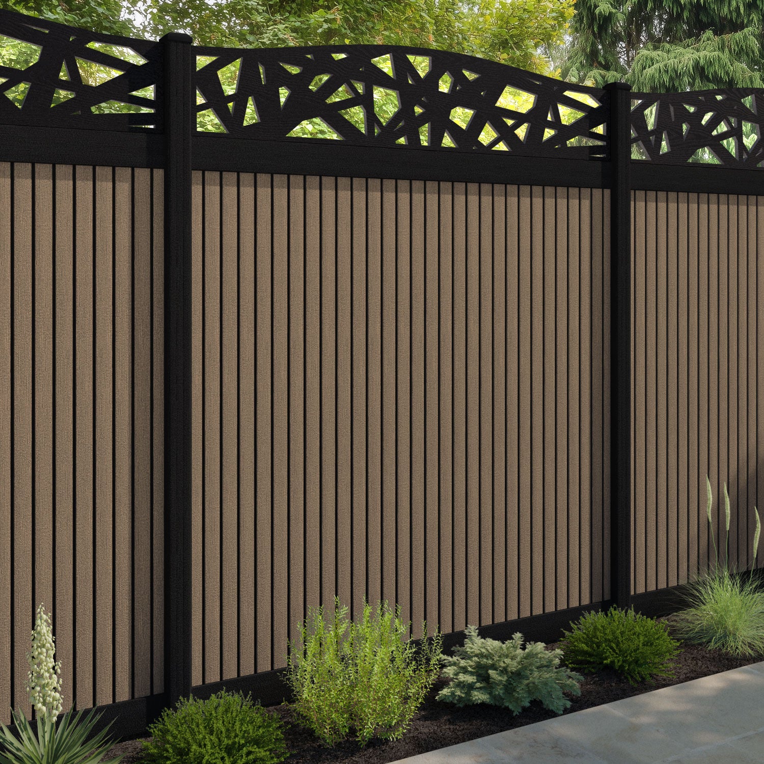 Virtis Prism Curved Top Fence Panel - Teak - with our composite posts