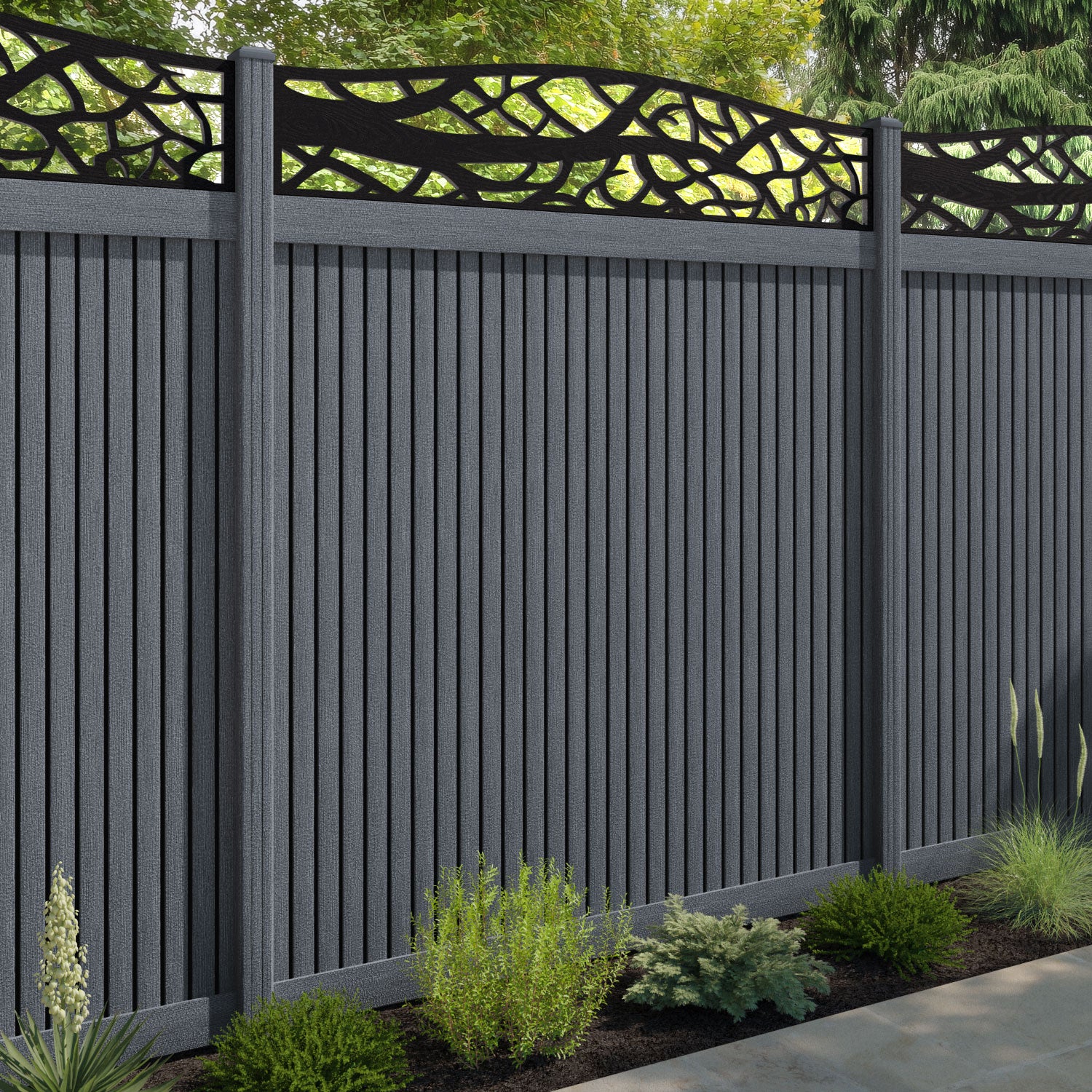 Virtis Twilight Curved Top Fence Panel - Anthracite - with our composite posts
