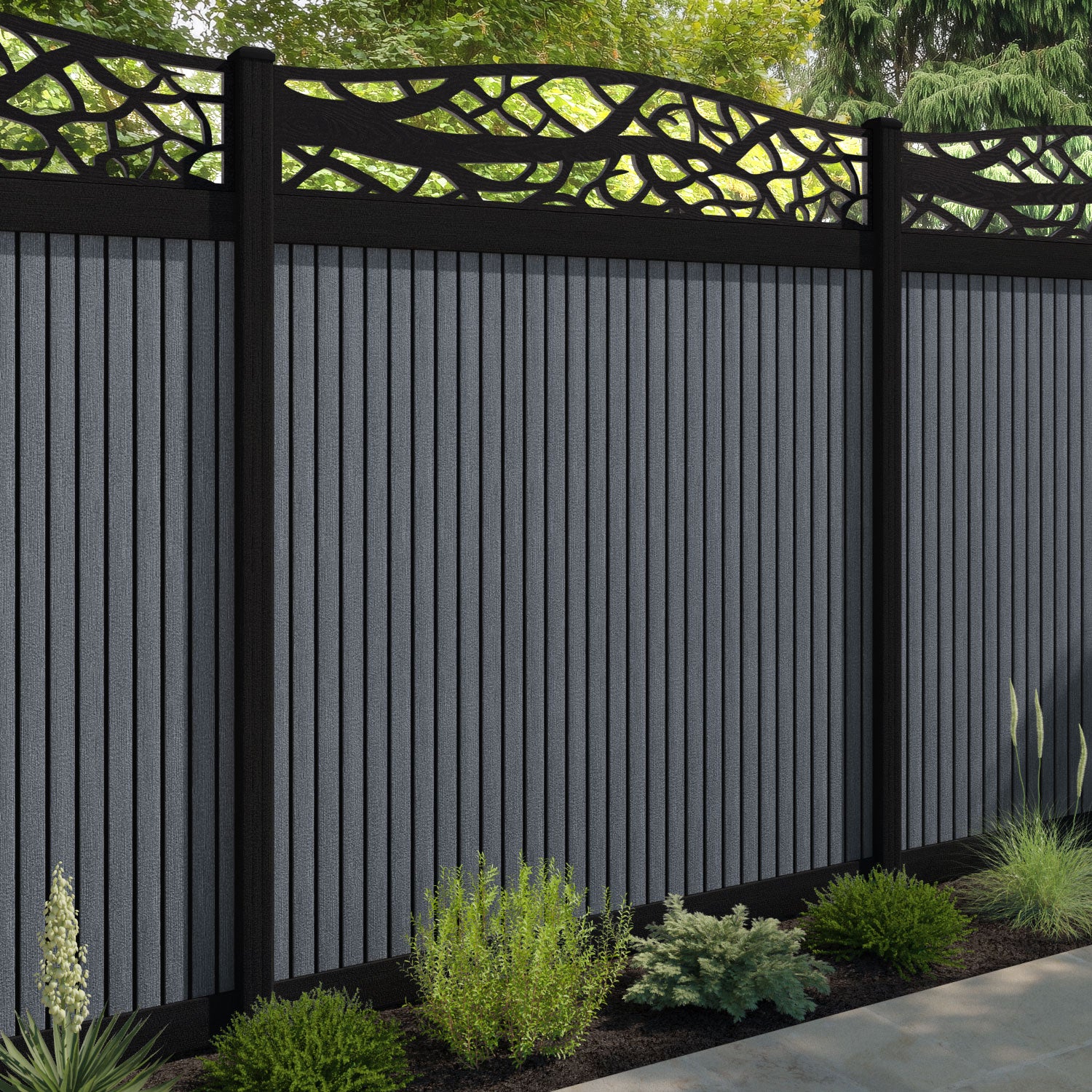 Virtis Twilight Curved Top Fence Panel - Anthracite - with our composite posts