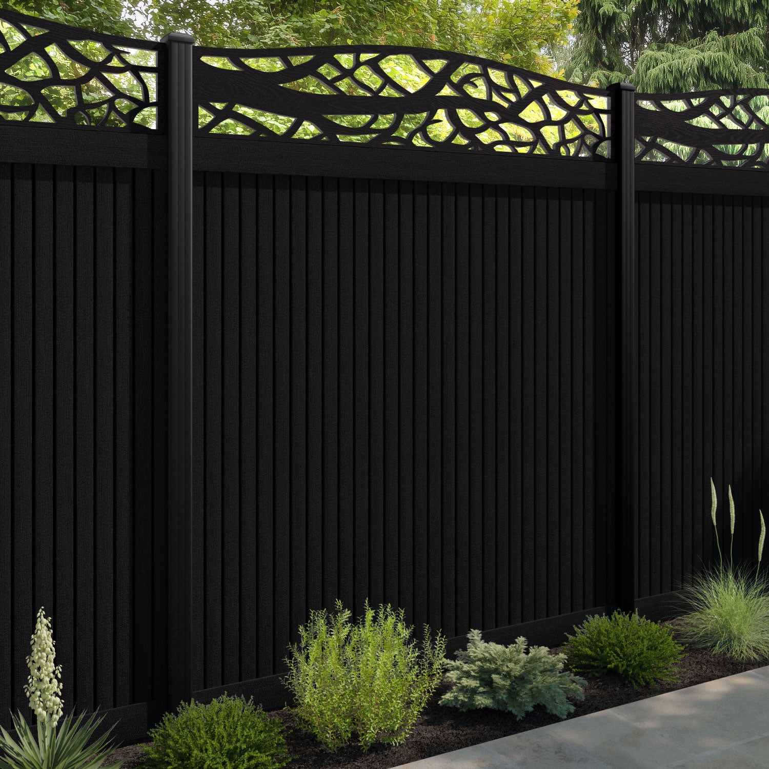 Virtis Twilight Curved Top Fence Panel - Black - with our aluminium posts