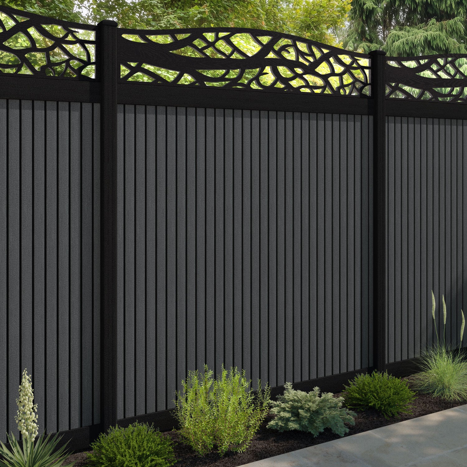 Virtis Twilight Curved Top Fence Panel - Dark Grey - with our composite posts