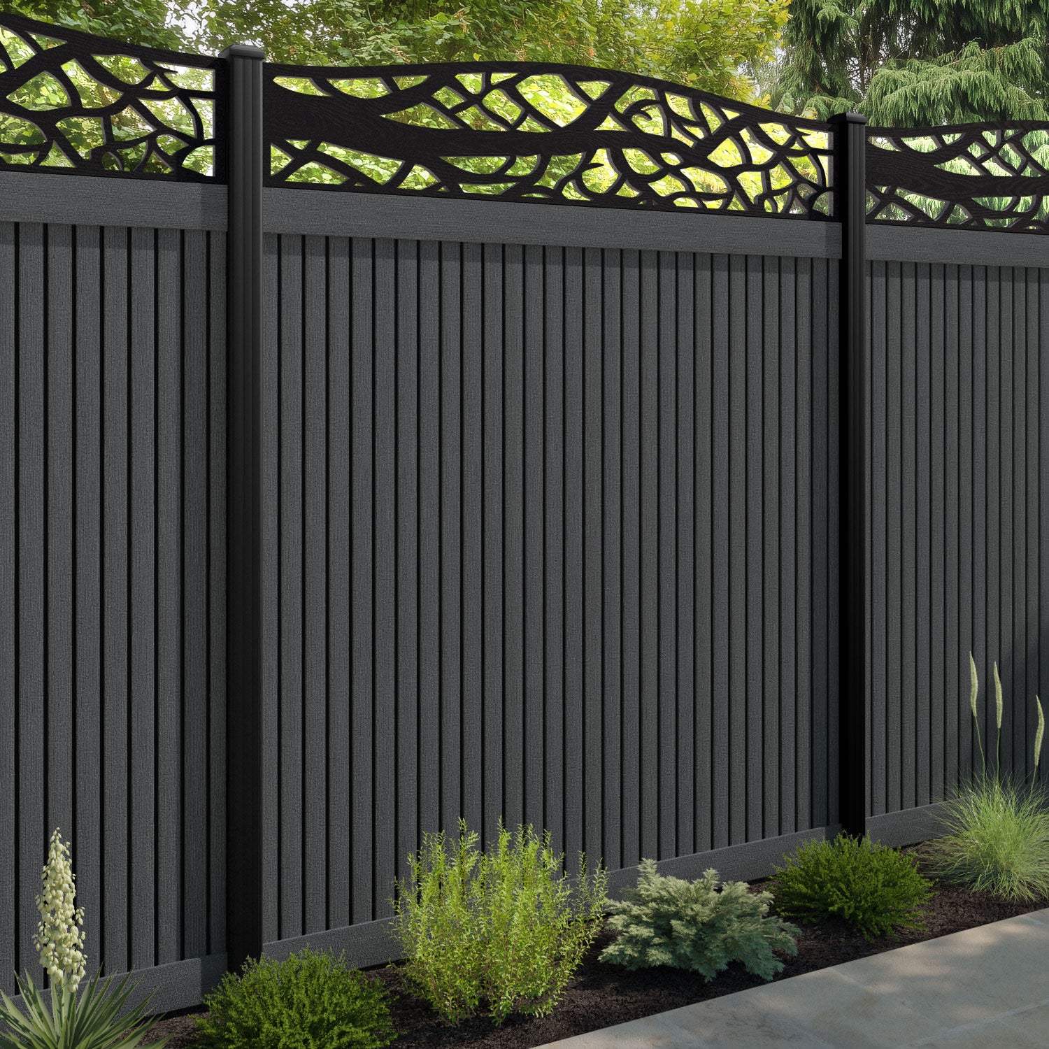 Virtis Twilight Curved Top Fence Panel - Dark Grey - with our aluminium posts
