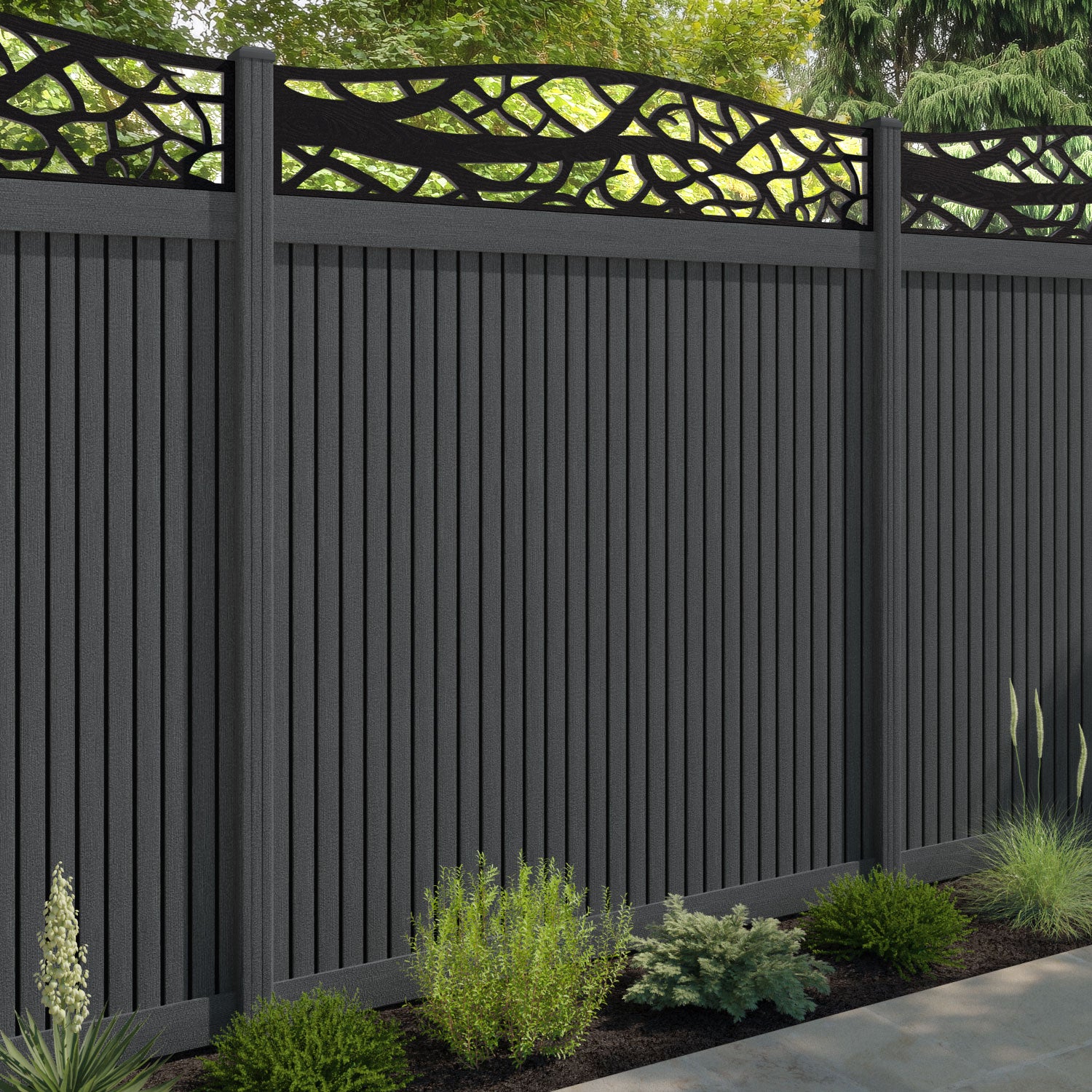 Virtis Twilight Curved Top Fence Panel - Dark Grey - with our composite posts