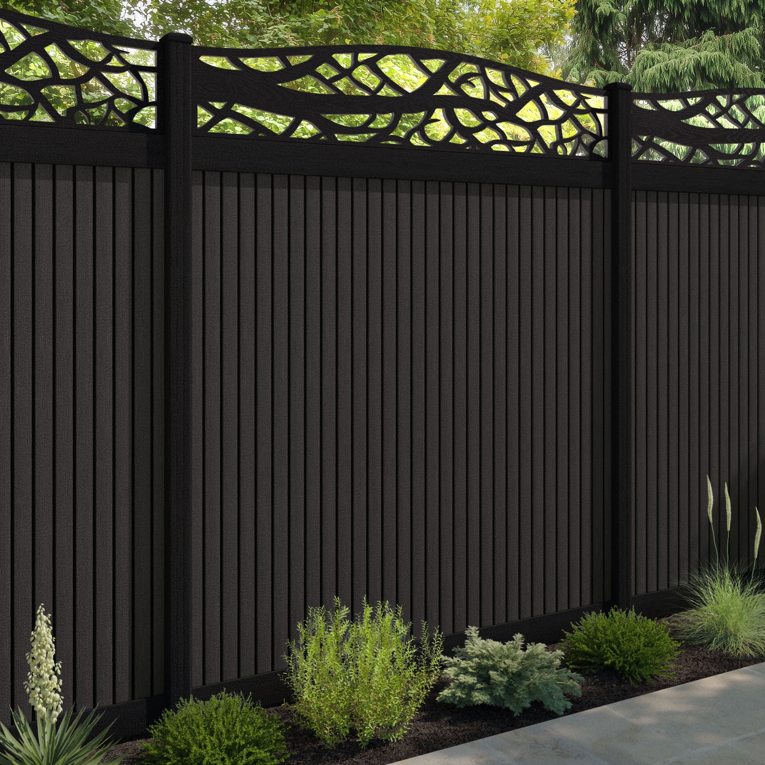 Virtis Twilight Curved Top Fence Panel - Dark Oak - with our composite posts
