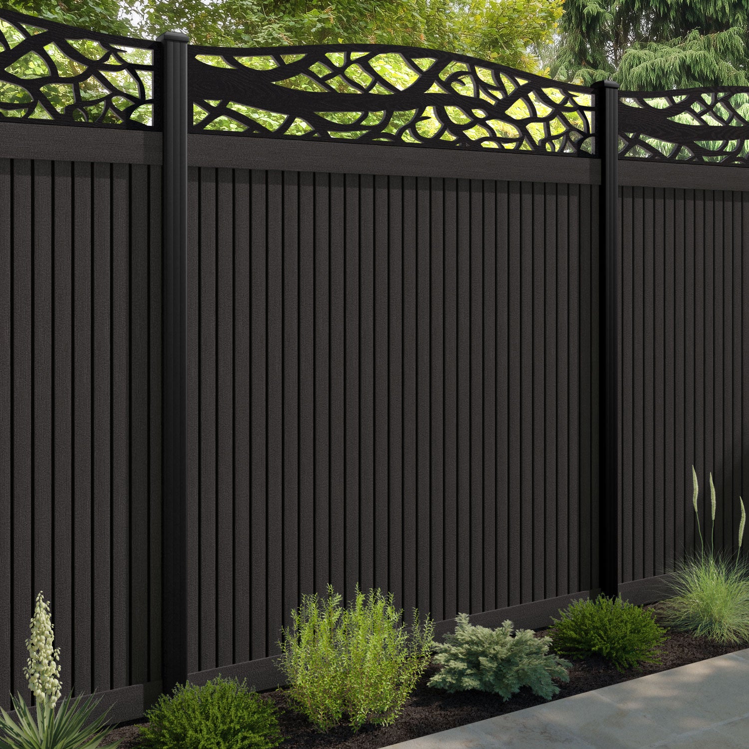 Virtis Twilight Curved Top Fence Panel - Dark Oak - with our aluminium posts