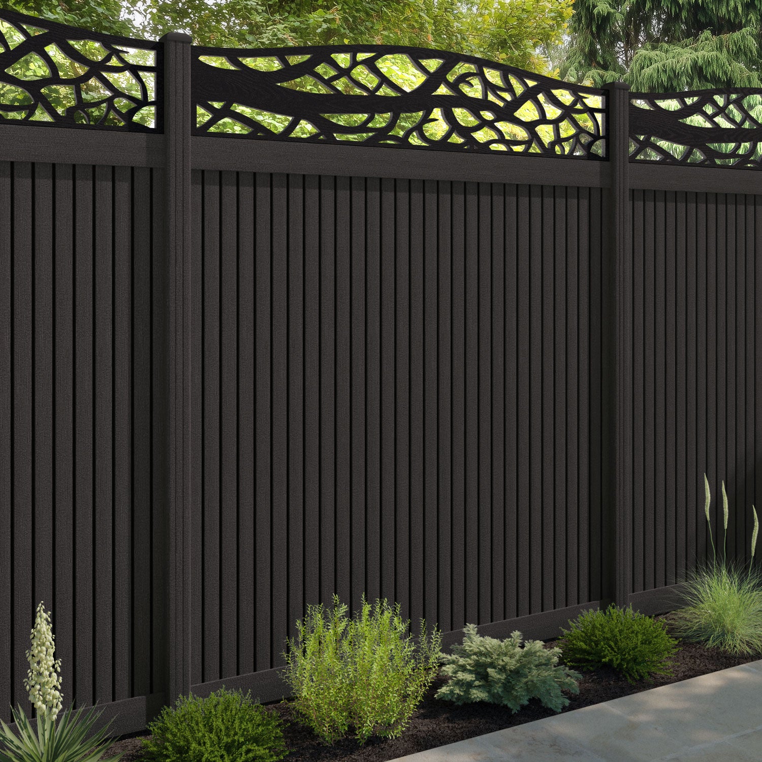 Virtis Twilight Curved Top Fence Panel - Dark Oak - with our composite posts