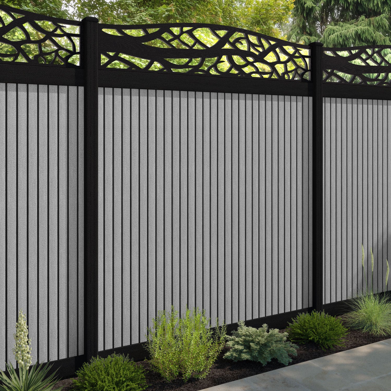 Virtis Twilight Curved Top Fence Panel - Light Grey - with our composite posts
