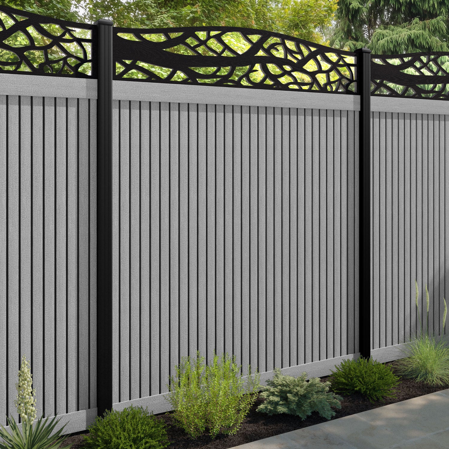 Virtis Twilight Curved Top Fence Panel - Light Grey - with our aluminium posts