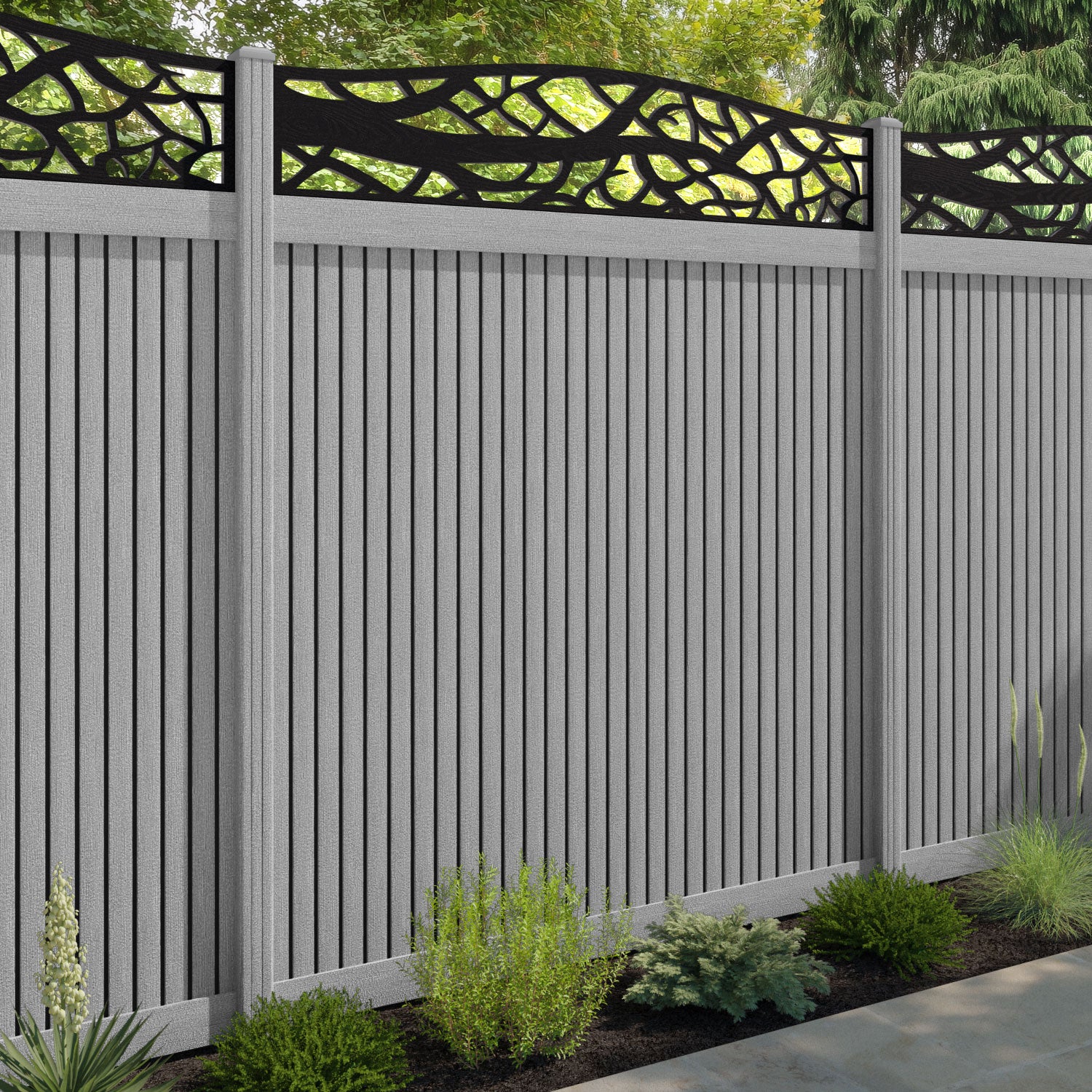 Virtis Twilight Curved Top Fence Panel - Light Grey - with our composite posts
