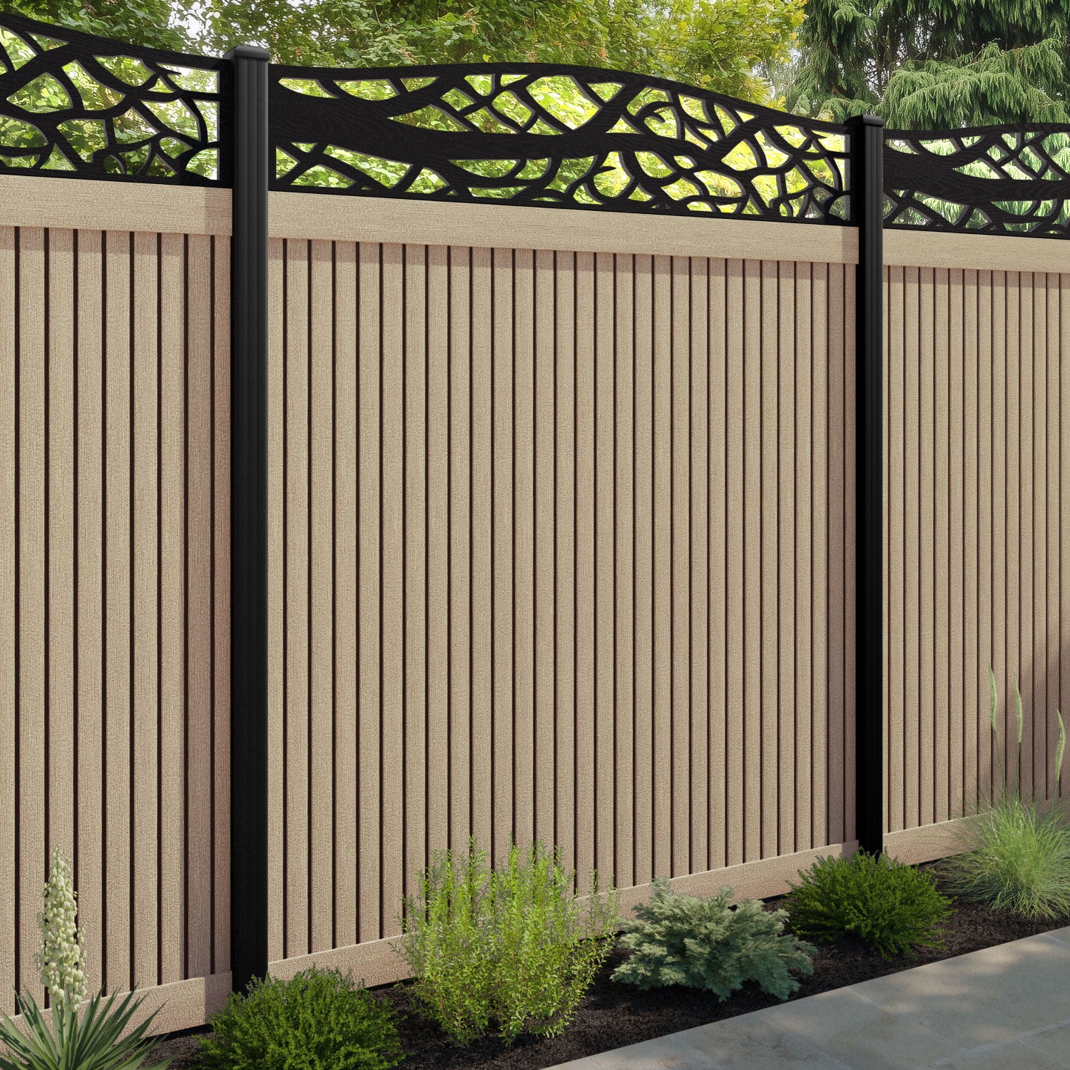 Virtis Twilight Curved Top Fence Panel - Light Oak - with our aluminium posts