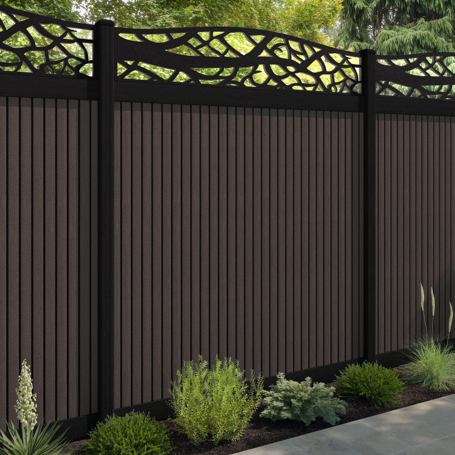 Virtis Twilight Curved Top Fence Panel - Mid Brown - with our composite posts