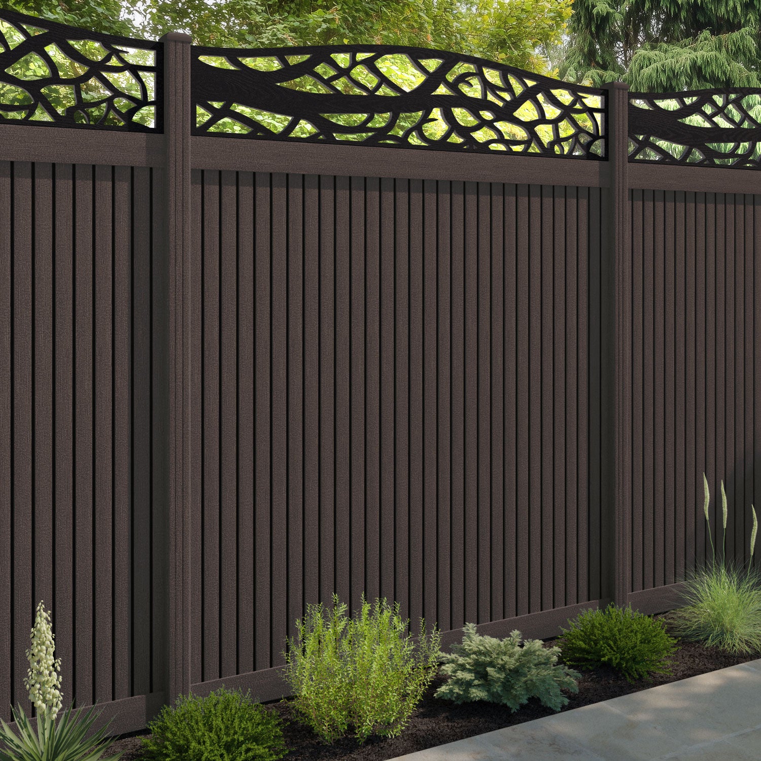 Virtis Twilight Curved Top Fence Panel - Mid Brown - with our composite posts