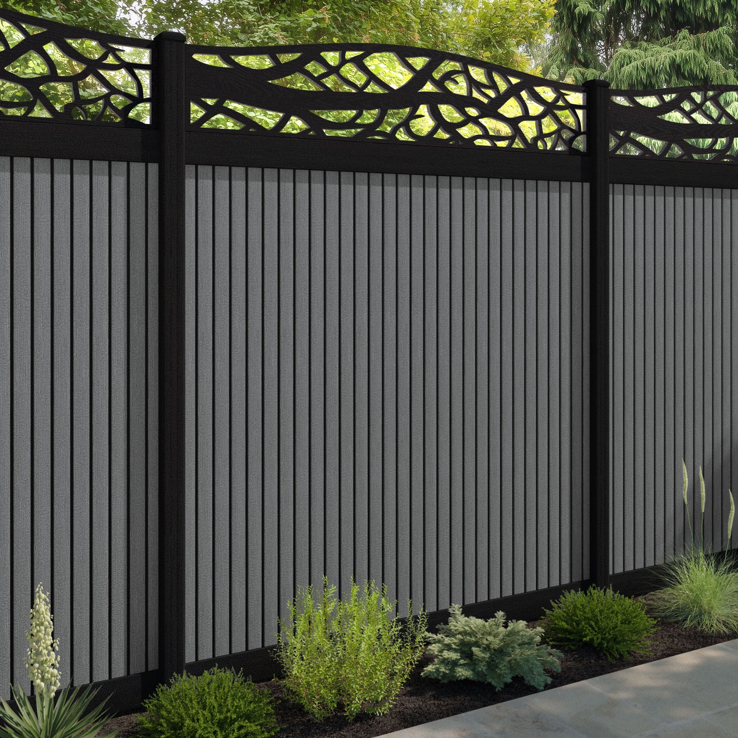 Virtis Twilight Curved Top Fence Panel - Mid Grey - with our aluminium posts