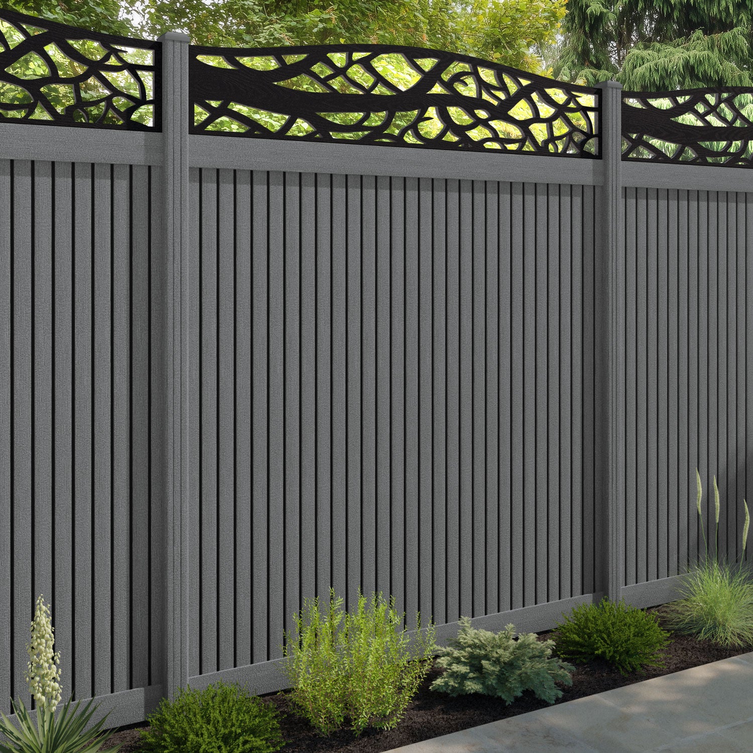 Virtis Twilight Curved Top Fence Panel - Mid Grey - with our composite posts