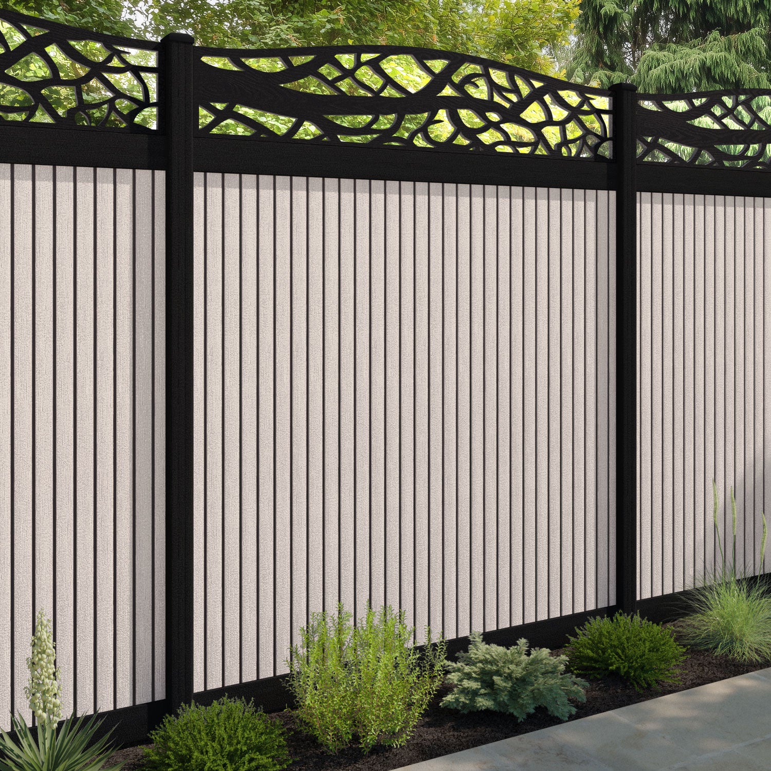 Virtis Twilight Curved Top Fence Panel - Mid Stone - with our composite posts