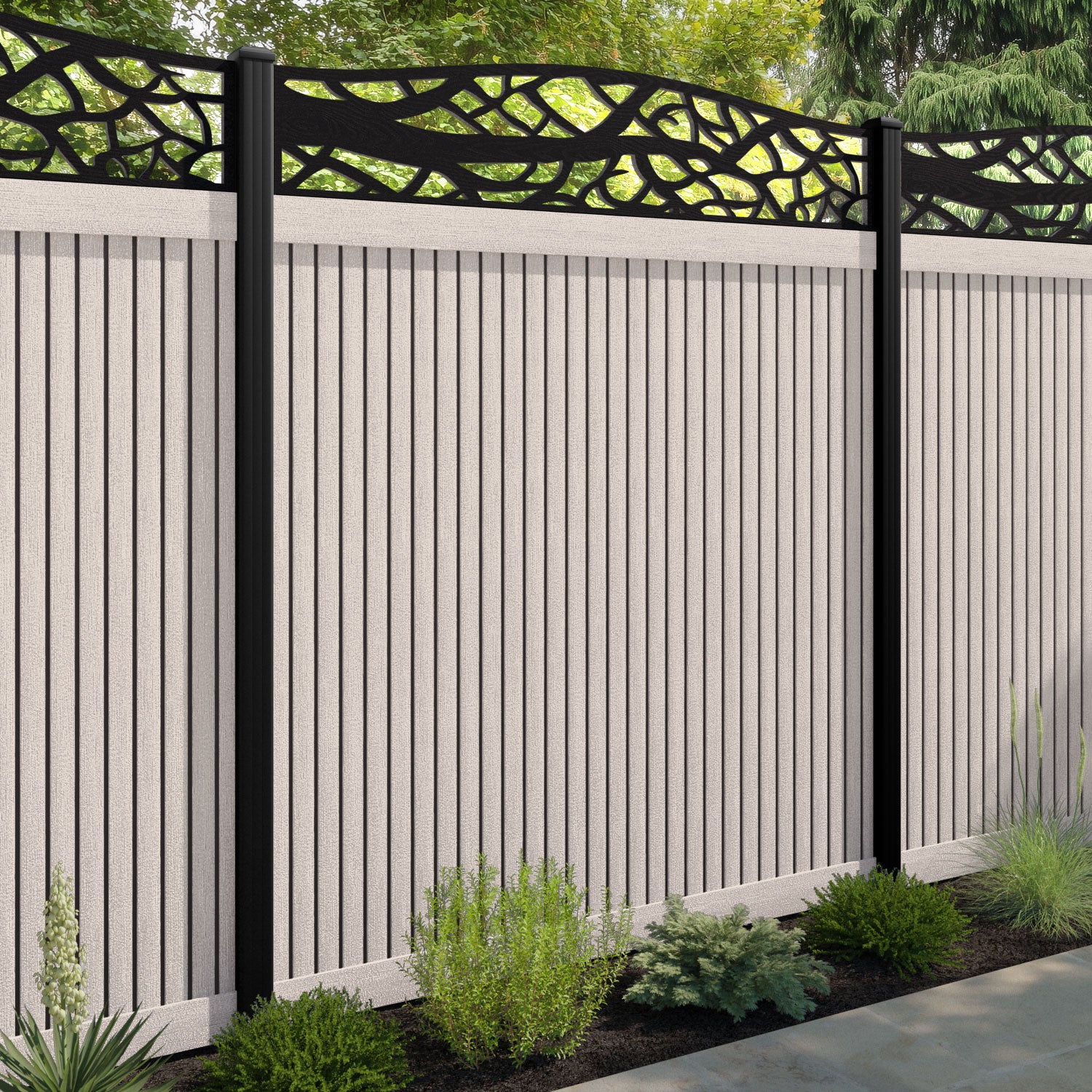 Virtis Twilight Curved Top Fence Panel - Mid Stone - with our aluminium posts