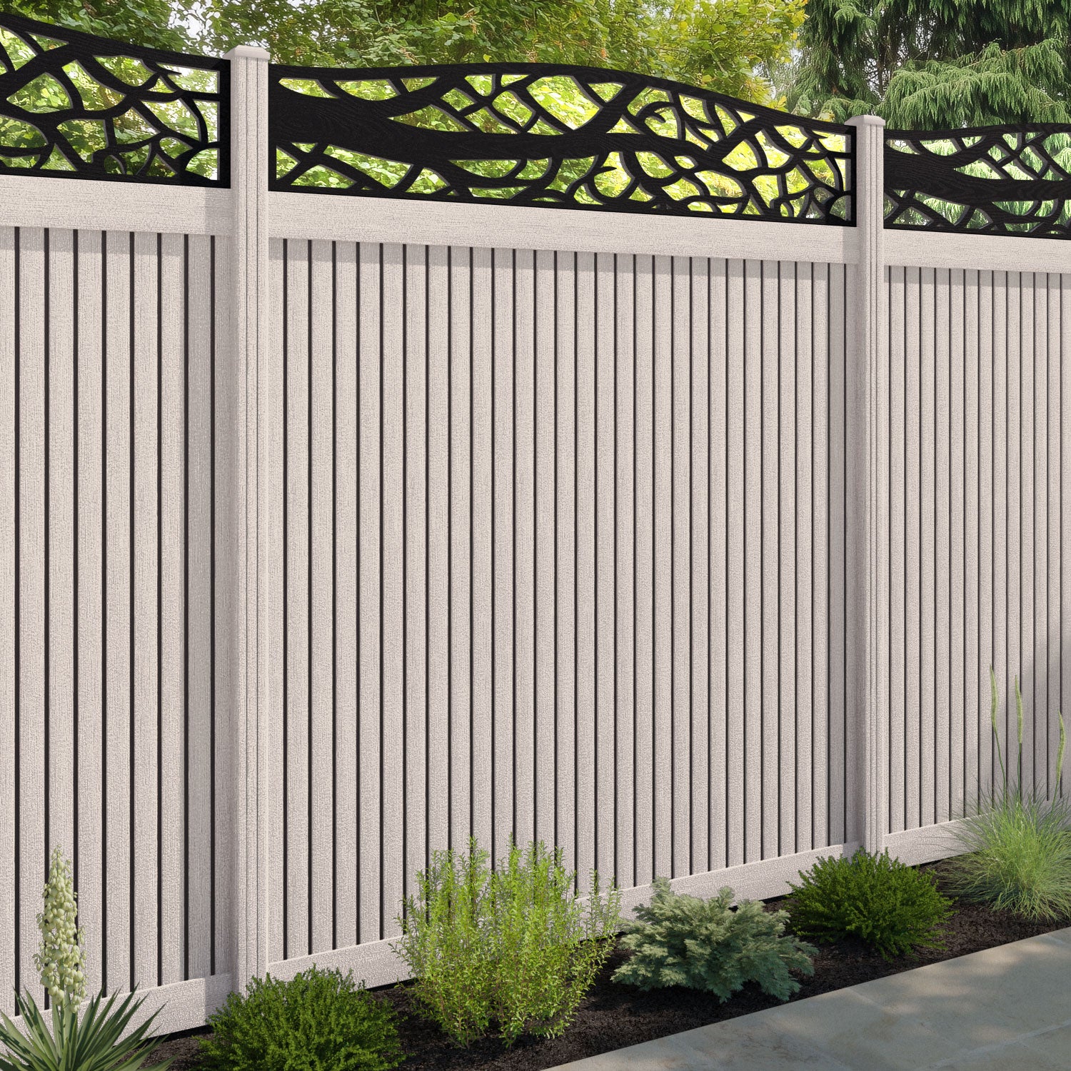 Virtis Twilight Curved Top Fence Panel - Mid Stone - with our composite posts