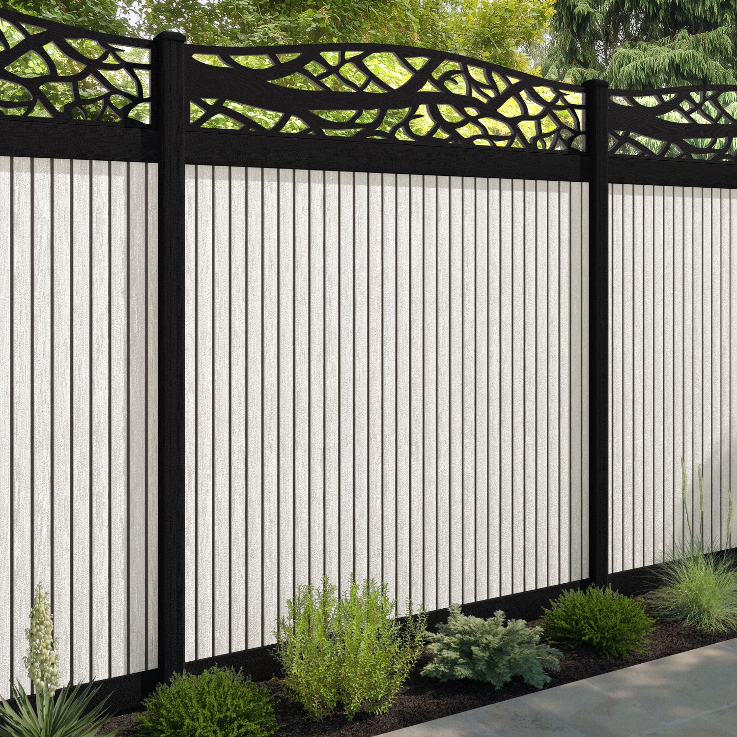 Virtis Twilight Curved Top Fence Panel - Light Stone - with our aluminium posts