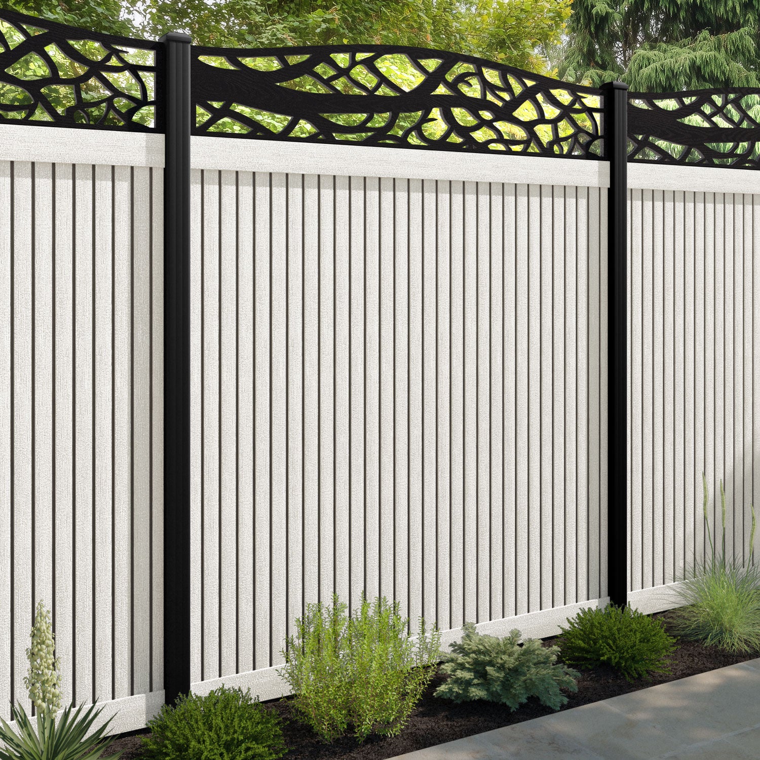 Virtis Twilight Curved Top Fence Panel - Light Stone - with our aluminium posts