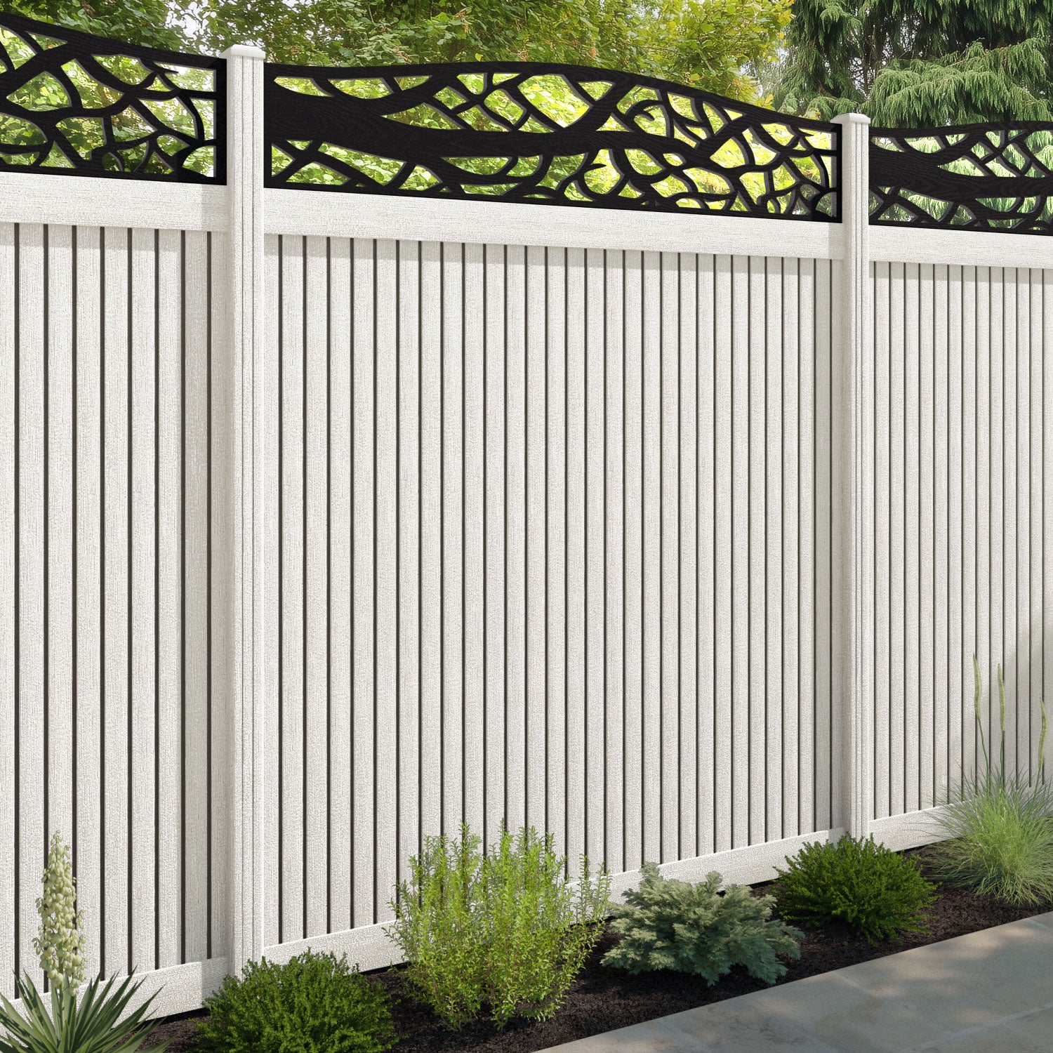 Virtis Twilight Curved Top Fence Panel - Light Stone - with our composite posts