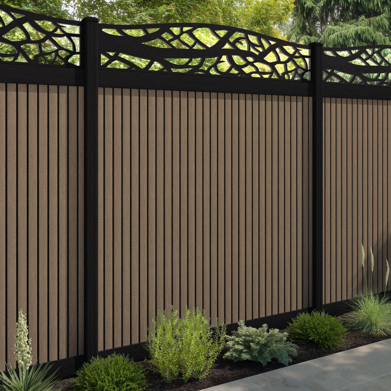 Virtis Twilight Curved Top Fence Panel - Teak - with our aluminium posts